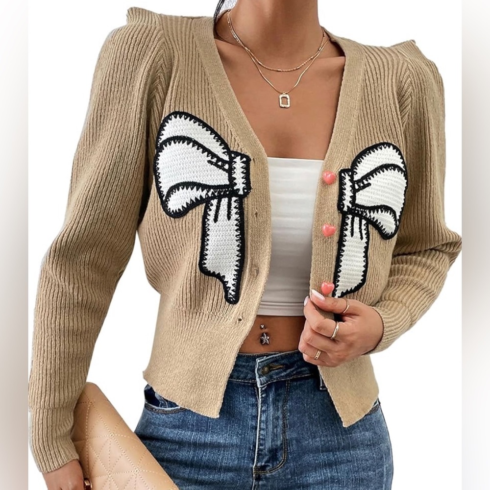 Women’s Cropped Bowknot V-neck Knit Cardigan Long Sleeve Tan Sweater Size Medium